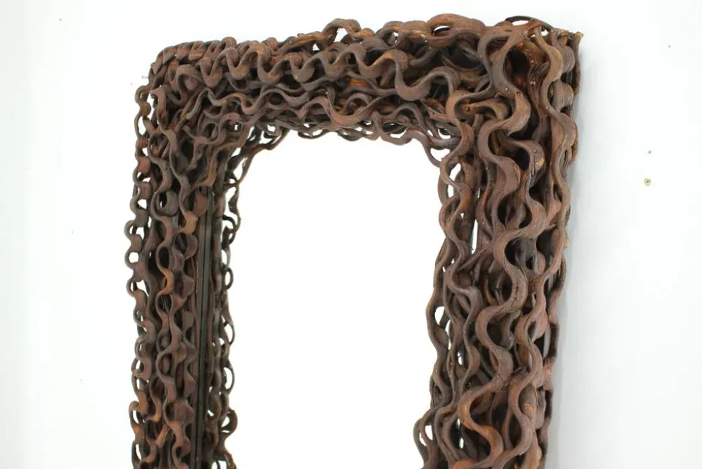 Grand miroir mural ou de sol Mid-Century en bois tropical