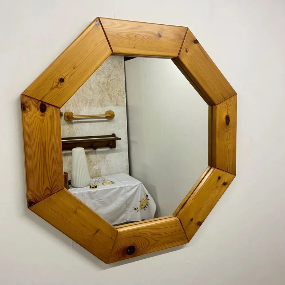 Grand miroir octogonale en pin, scandinave, 1980