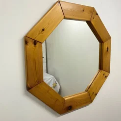 Grand miroir octogonale en pin, scandinave, 1980