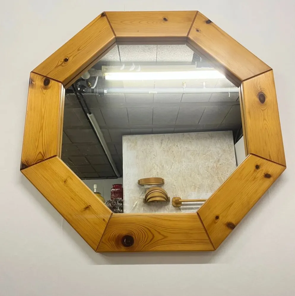 Grand miroir octogonale en pin, scandinave, 1980