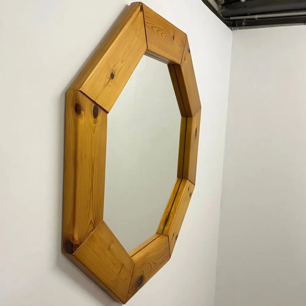 Grand miroir octogonale en pin, scandinave, 1980