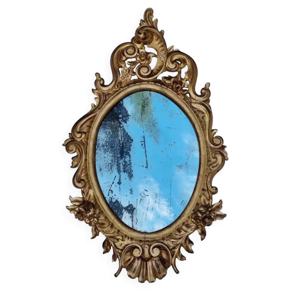 Grand miroir ovale doré, style Louis XV rocaille, fin XIXe, 114 x 66 cm