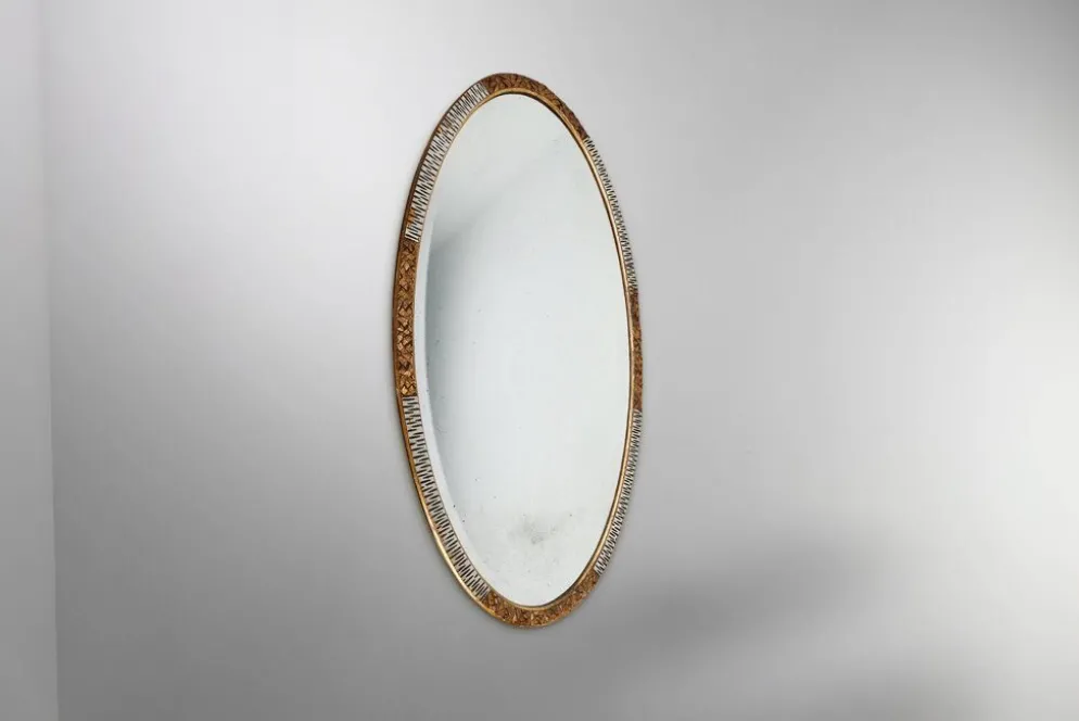 Grand miroir ovale en art déco doré et argenté, vers 1910