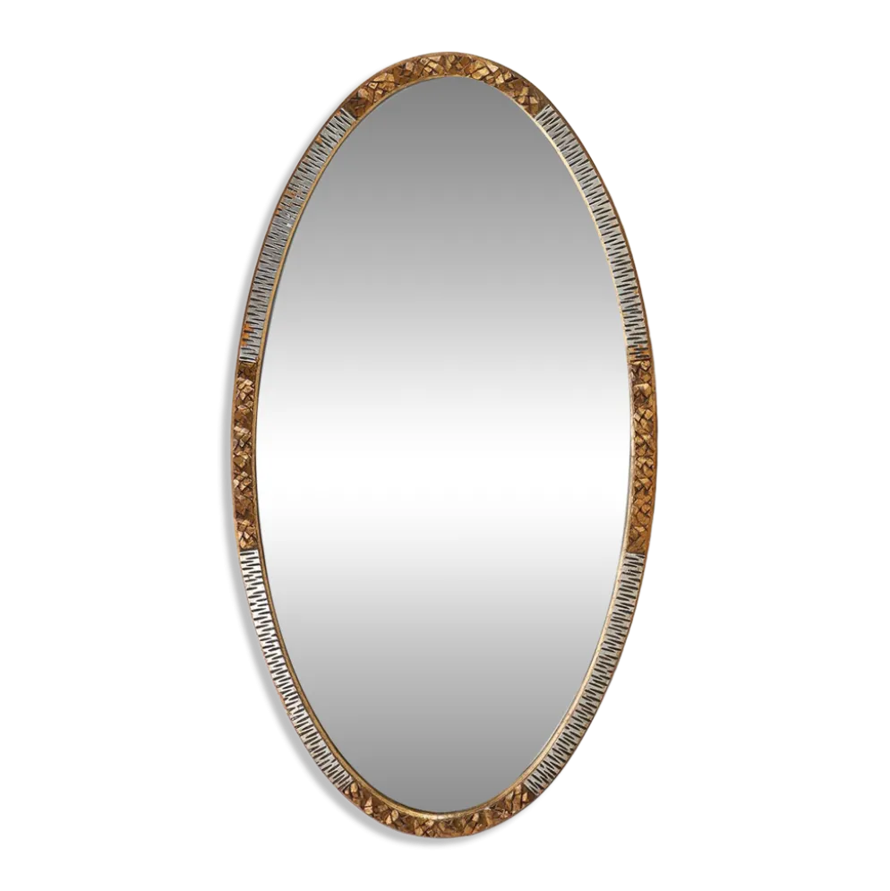 Grand miroir ovale en art déco doré et argenté, vers 1910