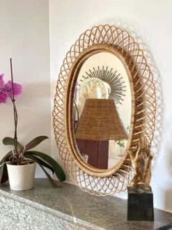 Grand miroir par Franco Albini en rotin et bambou, Italie 1960's