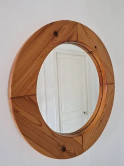 Grand miroir rond en pin vintage 1980