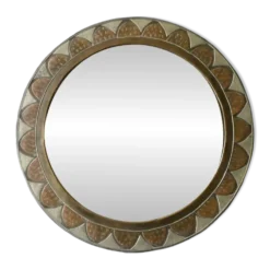 Grand miroir rond marocain en laiton rt cuivre ciselé, années 70-80