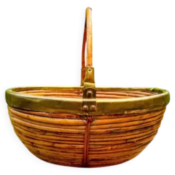 Grand panier rotin laiton Gabriella Crespi années 60