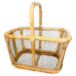 Grand Panier à Œufs en Rotin & Grillage (Années 60-70)