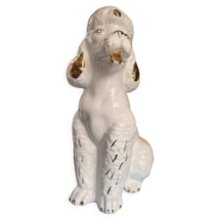 Grand poodle en céramique blanc et or des années 1980