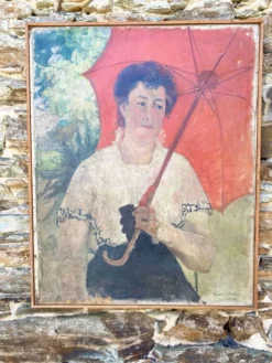 Grand portrait ancien à l’ombrelle, huile sur toile signée, 1917