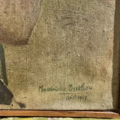 Grand portrait ancien à l’ombrelle, huile sur toile signée, 1917