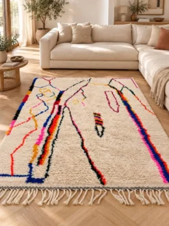 Grand tapis berbère écru aux motifs colorés – 290 × 200 cm