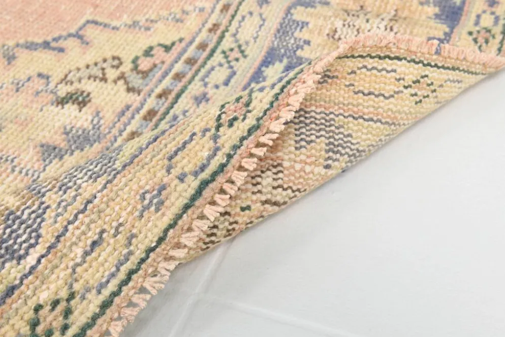 Grand Tapis Oushak Vintage, Laine Fait Main, Pêche et Bleu, 194x267 Cm