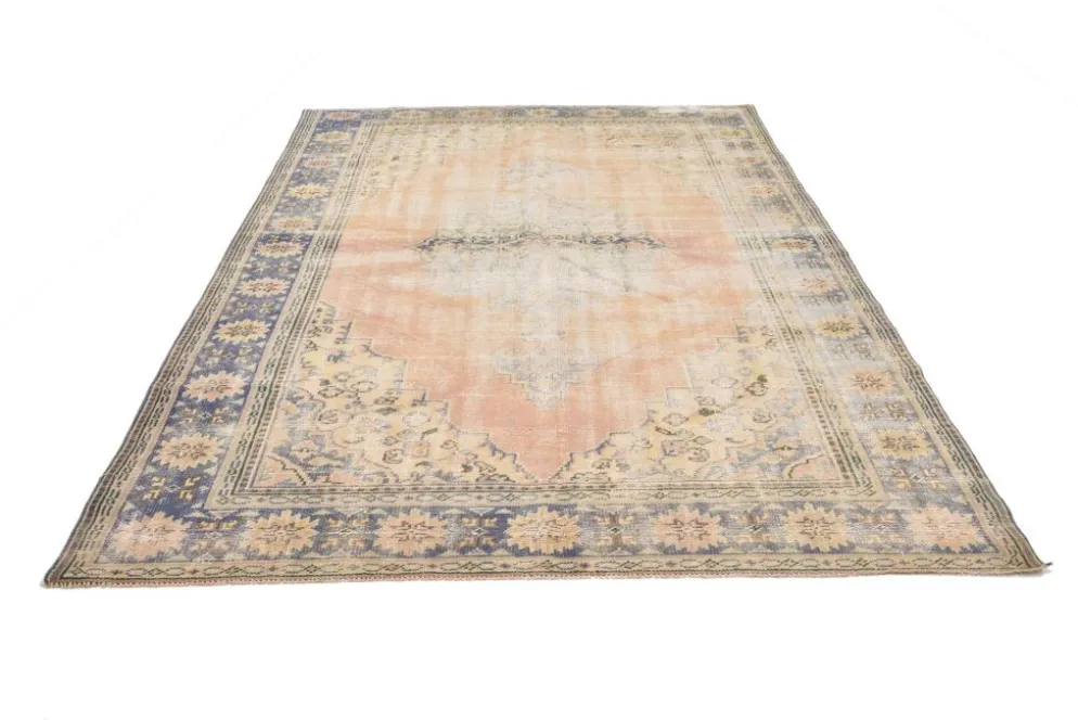 Grand Tapis Oushak Vintage, Laine Fait Main, Pêche et Bleu, 194x267 Cm