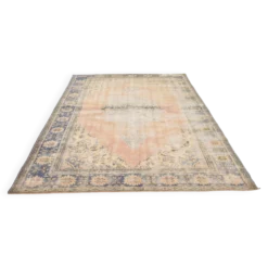 Grand Tapis Oushak Vintage, Laine Fait Main, Pêche et Bleu, 194x267 Cm