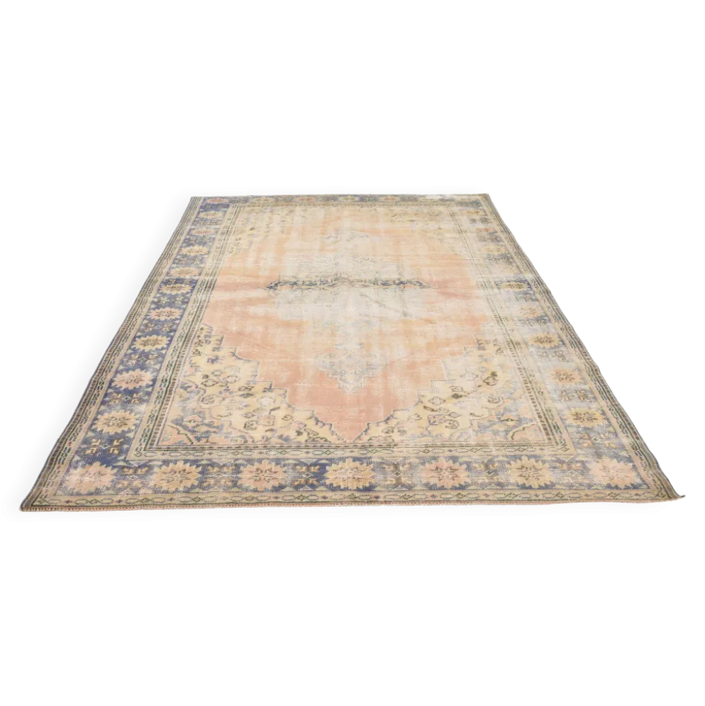 Grand Tapis Oushak Vintage, Laine Fait Main, Pêche et Bleu, 194x267 Cm