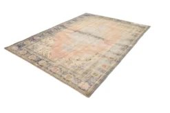 Grand Tapis Oushak Vintage, Laine Fait Main, Pêche et Bleu, 194x267 Cm
