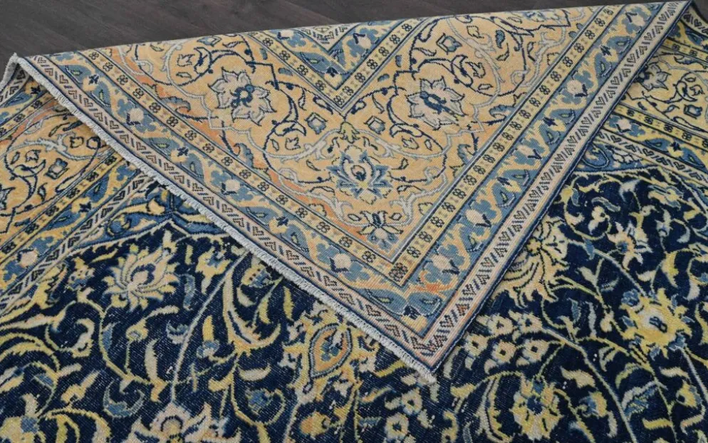 Grand tapis persan vintage bleu marine à médaillon, noué main, 285 x 399 cm