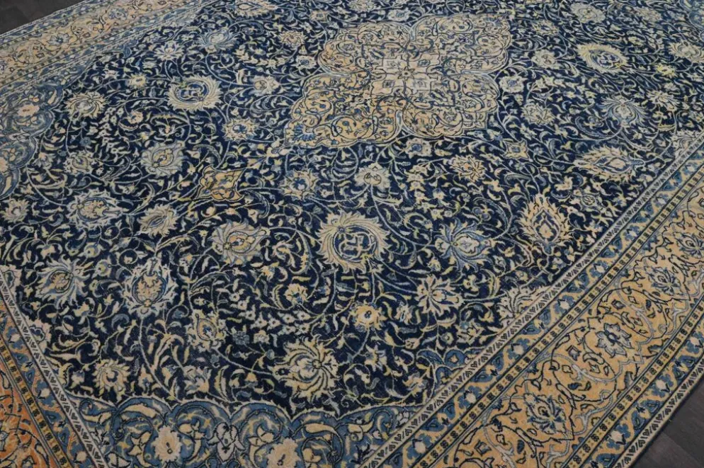 Grand tapis persan vintage bleu marine à médaillon, noué main, 285 x 399 cm