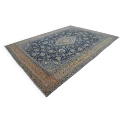 Grand tapis persan vintage bleu marine à médaillon, noué main, 285 x 399 cm