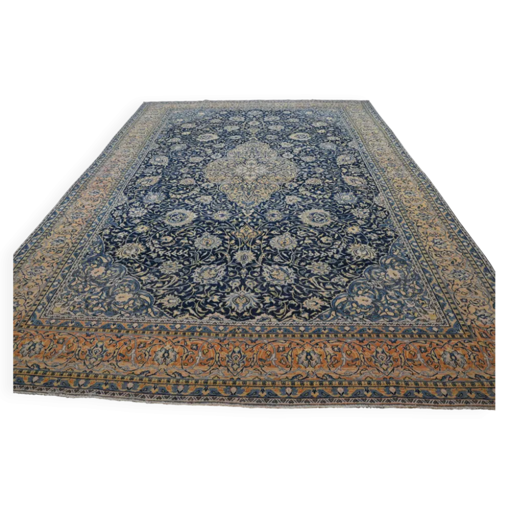 Grand tapis persan vintage bleu marine à médaillon, noué main, 285 x 399 cm