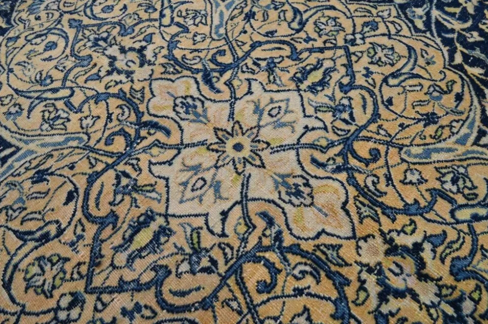 Grand tapis persan vintage bleu marine à médaillon, noué main, 285 x 399 cm