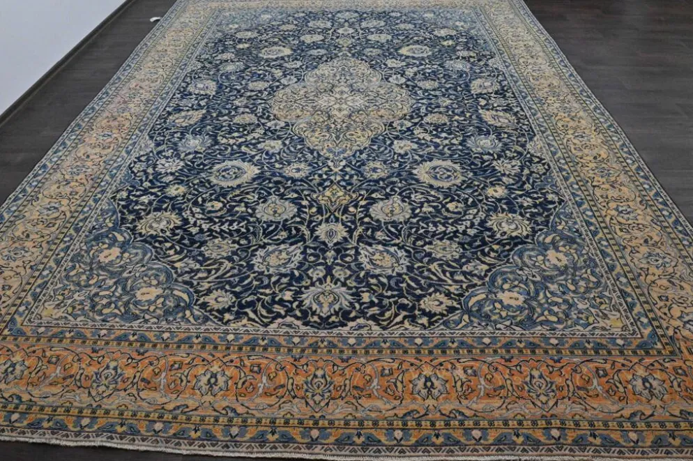 Grand tapis persan vintage bleu marine à médaillon, noué main, 285 x 399 cm