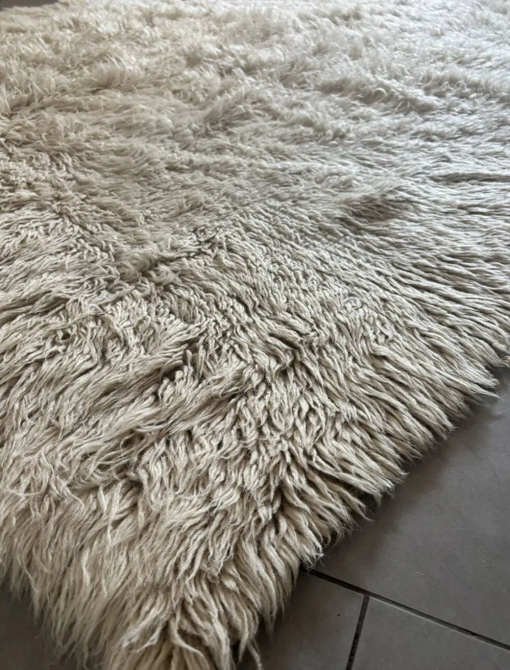 Grand tapis vintage 100 % pur laine Flokati à poil long des années 60-70