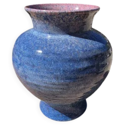 Grand vase boule en céramique bleu & rose Accolay (Années 50/60) 23 cm