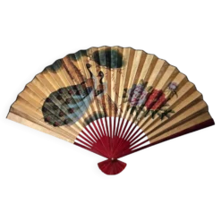 Grand éventail japonais peint à la main vintage