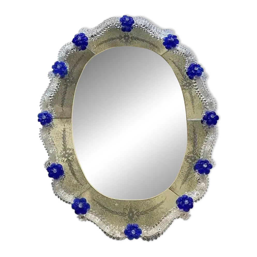 Hand-Carved Venetian Oval Mirror in Murano Glass Style, Early 21st Century