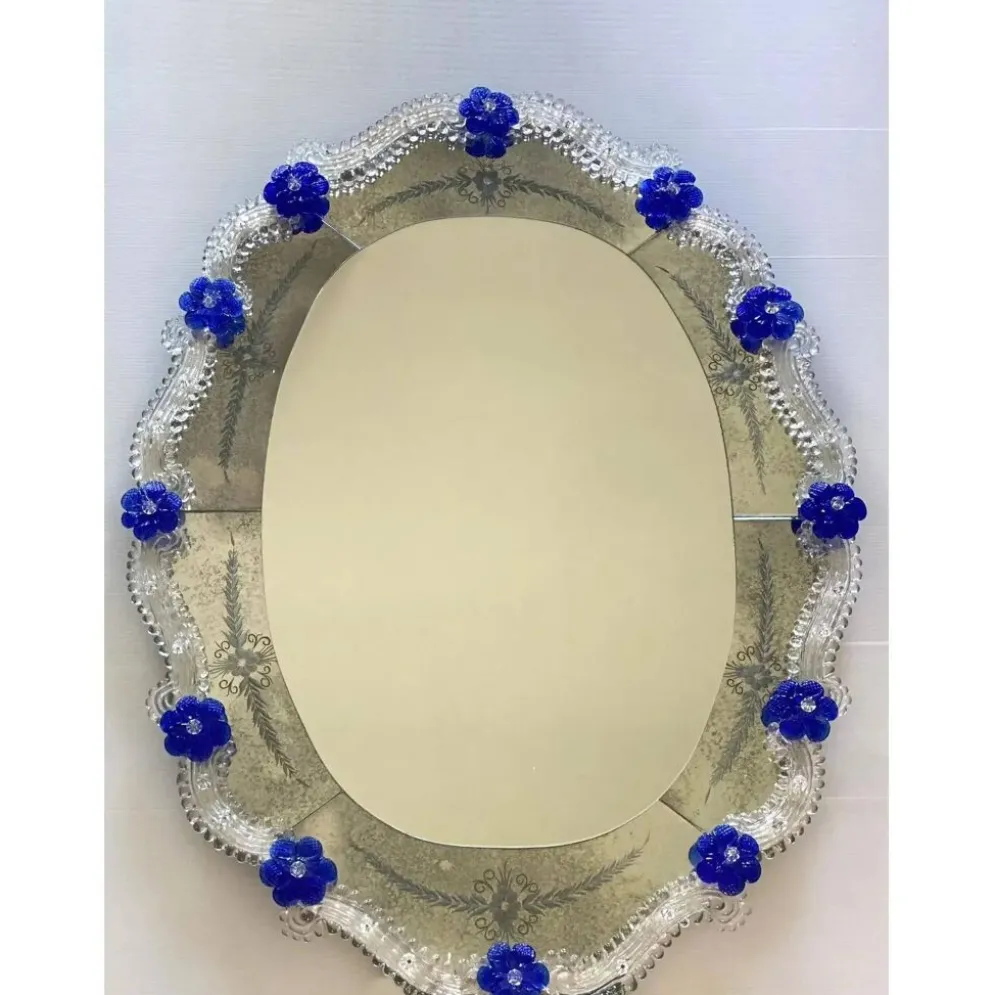 Hand-Carved Venetian Oval Mirror in Murano Glass Style, Early 21st Century