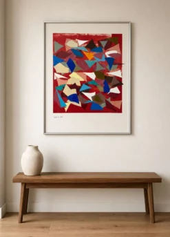 Helmut Dittmann – Collage abstrait géométrique, couleurs vives sur rouge 1987