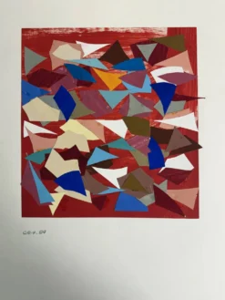 Helmut Dittmann – Collage abstrait géométrique, couleurs vives sur rouge 1987