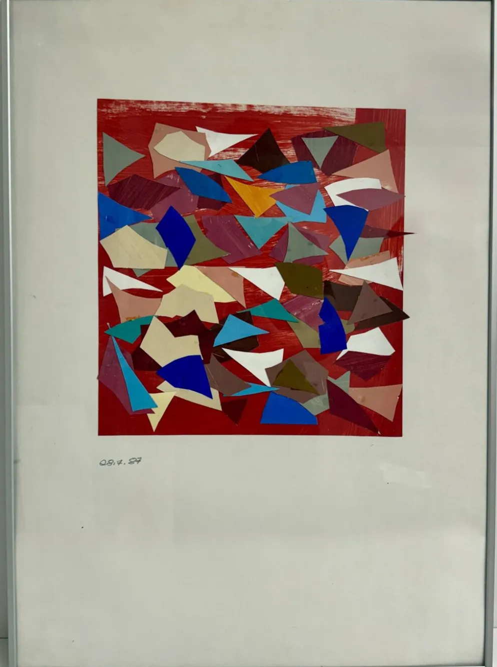 Helmut Dittmann – Collage abstrait géométrique, couleurs vives sur rouge 1987