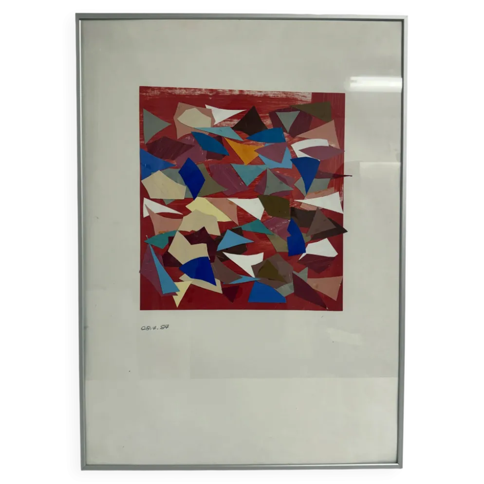 Helmut Dittmann – Collage abstrait géométrique, couleurs vives sur rouge 1987