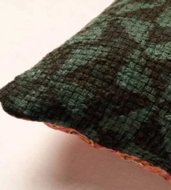 Housse de coussin artisanale indien Kantha vert noir tissée main