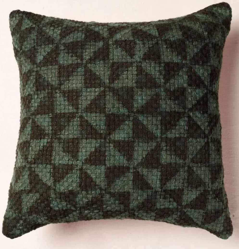 Housse de coussin artisanale indien Kantha vert noir tissée main