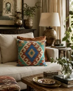 Housse de coussin géométrique bleu turquoise, coussin en laine kilim vintage, décoration intérieure.