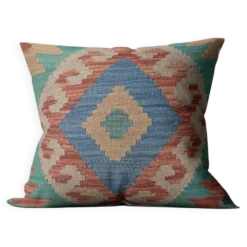 Housse de coussin géométrique turquoise, coussin en laine kilim vintage pour décoration intérieure.