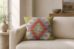 Housse de coussin géométrique traditionnelle, coussin kilim afghan vintage, décoration intérieure.