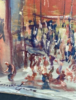 Huile « fête sicilienne « mise sous verre, cadre bois 19e