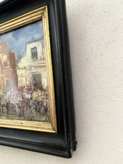 Huile « fête sicilienne « mise sous verre, cadre bois 19e