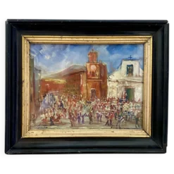 Huile « fête sicilienne « mise sous verre, cadre bois 19e
