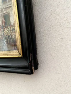 Huile « fête sicilienne « mise sous verre, cadre bois 19e