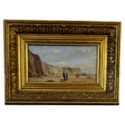 Huile sur bois – Scène de plage aux falaises – signée SP