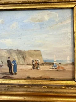 Huile sur bois – Scène de plage aux falaises – signée SP
