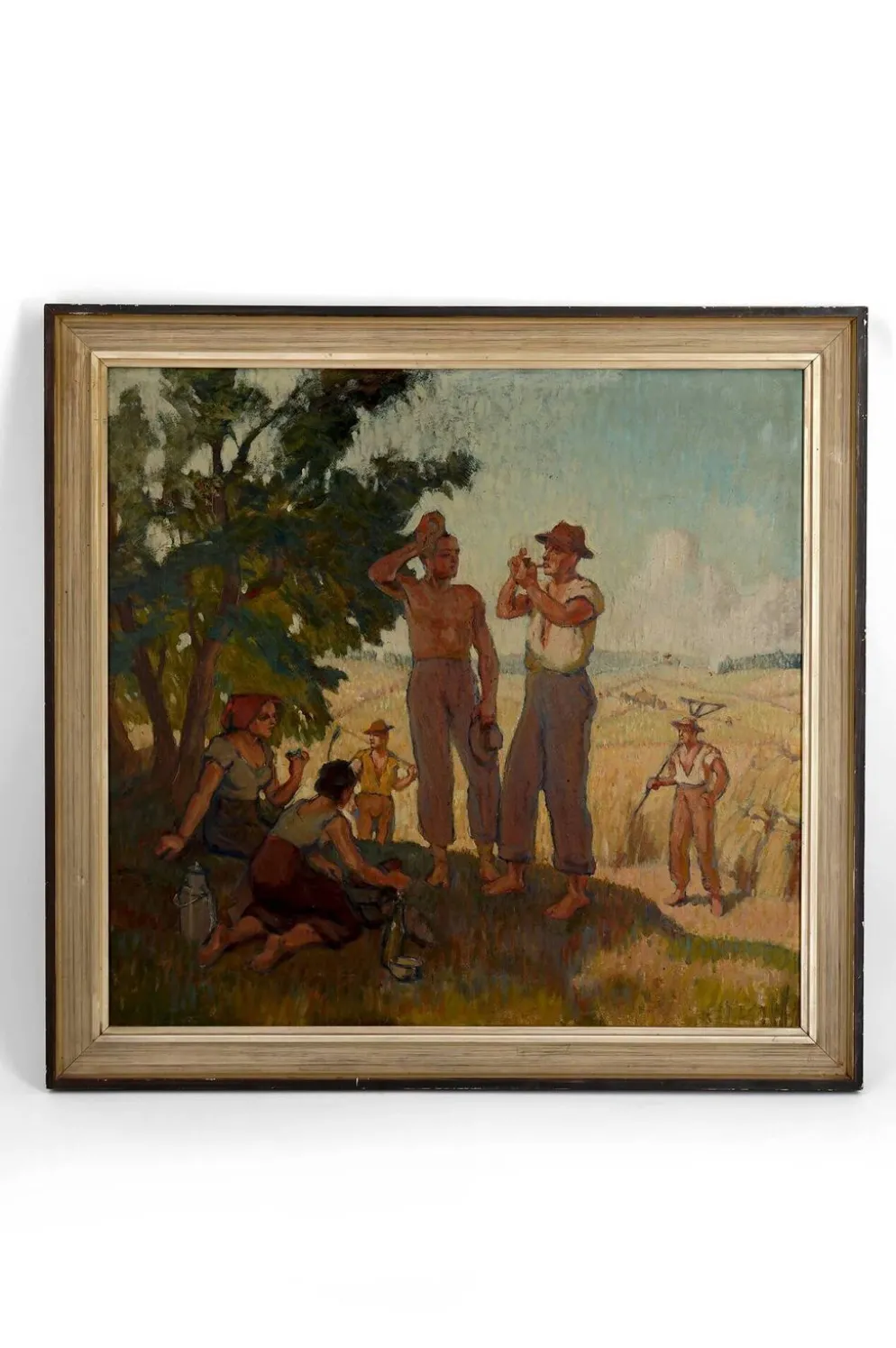 Huile sur panneau isorel – Les moissonneurs en pause c. 1930–1940