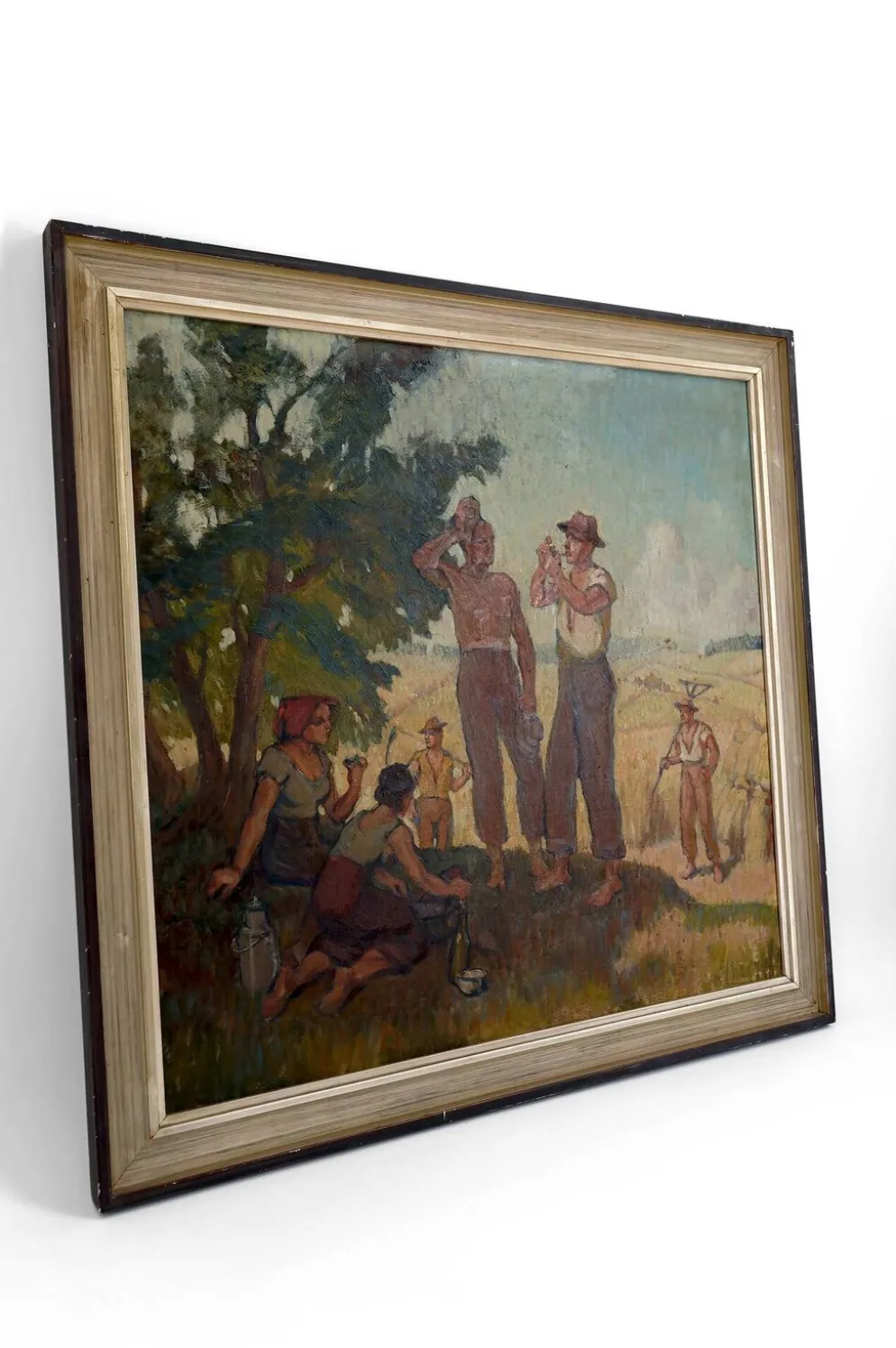 Huile sur panneau isorel – Les moissonneurs en pause c. 1930–1940